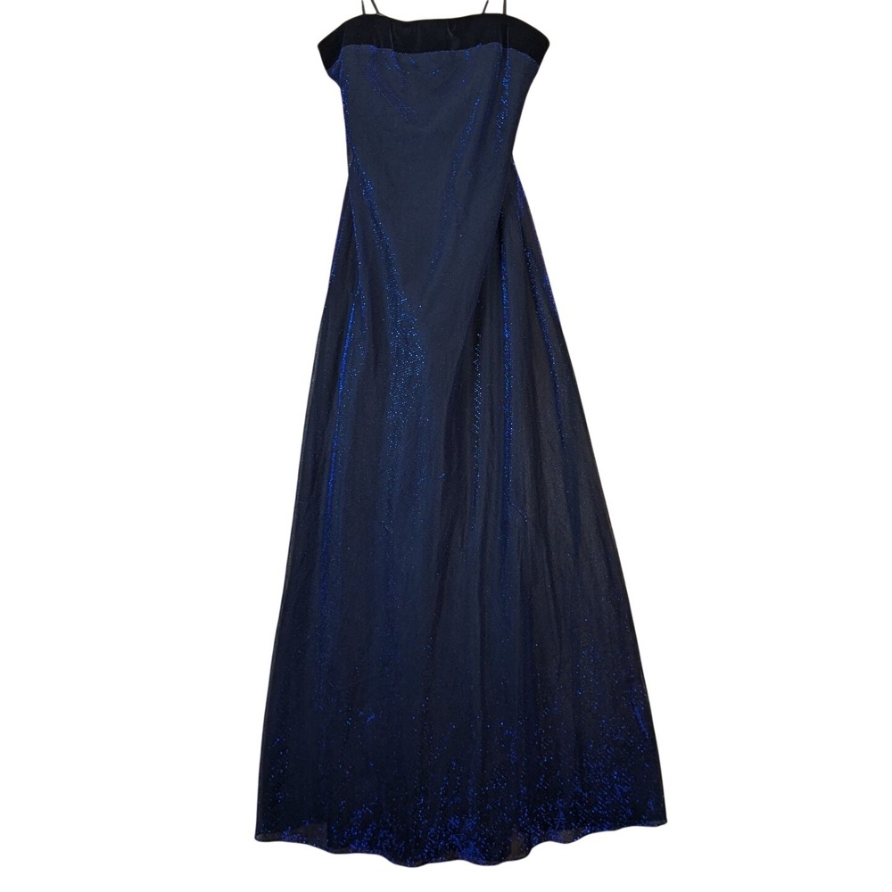 Jump Y2K Whimsygoth Homecoming Blue Metallic Shimmer Maxi Dress Velvet Trim 9/10